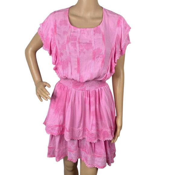 Pastel Pink Crochet Lace Tiered Ruffle Flutter Sleeve Dress SZ XS - Picture 1 of 10